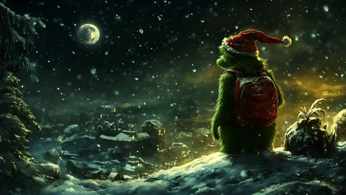 Green furry figure in Santa hat over snowy town at night.