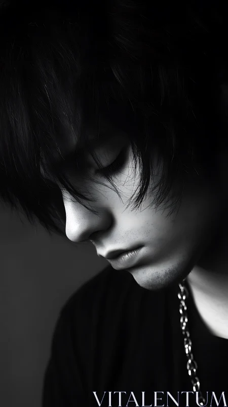Monochrome profile of young man with downcast gaze.