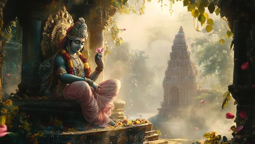 Seated deity statue before misty temple in forest setting.