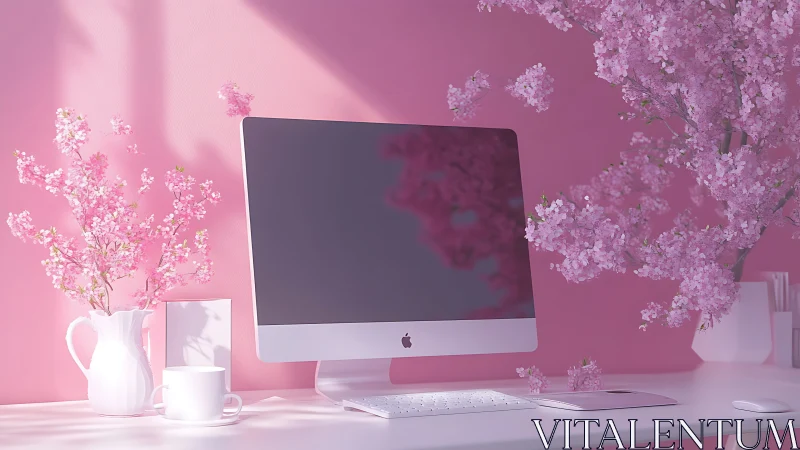 Minimalist pink workstation integrates desktop display and floral decor