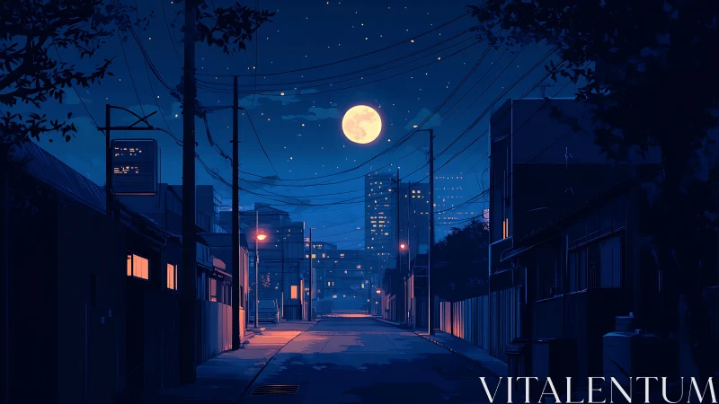 Nocturnal urban alley under full moon in stylized anime palette