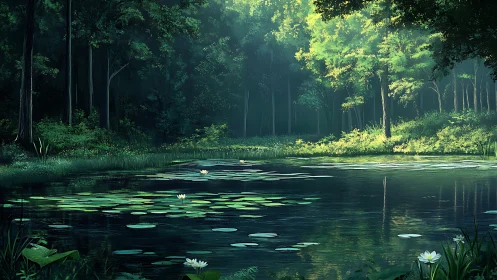 Forest lake with lily pads reflecting tall trees in still water