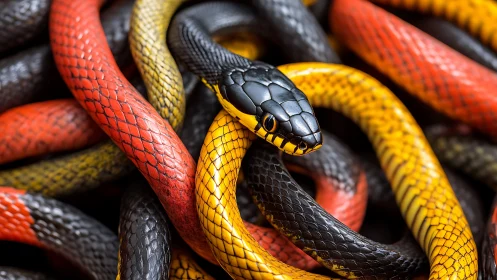 High-contrast serpentine macro reveals interwoven tricolored scales