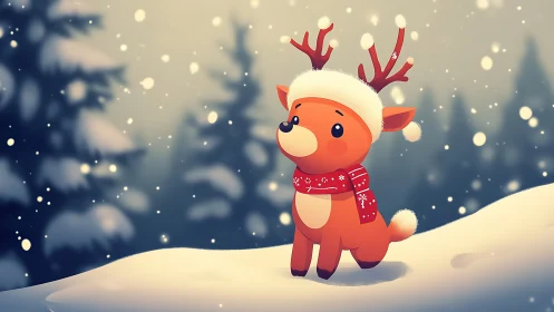 Cute winter reindeer in snow with cozy red scarf