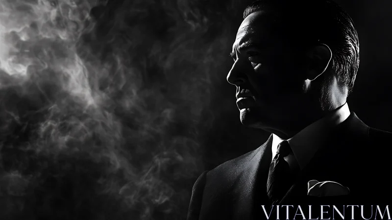 Shadowed mob boss stares through swirling noir smoke dramatically.