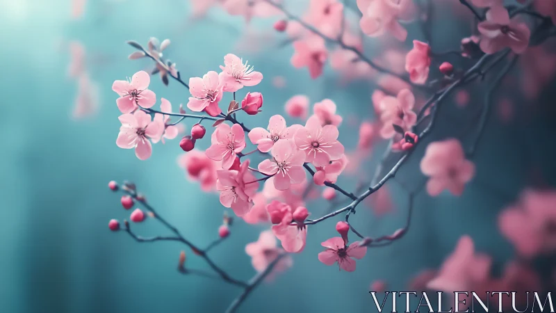 Cherry Blossoms Dance: Soft Pink Blooms Against Turquoise Dreams.