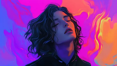 Digital portrait shows figure with closed eyes against gradients