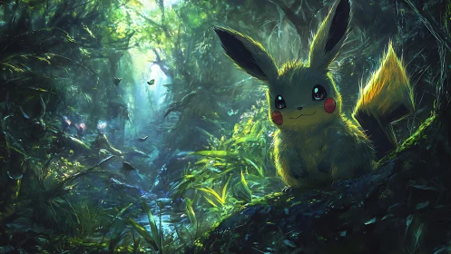 Pikachu sits on a mossy log in a dense sunlit forest