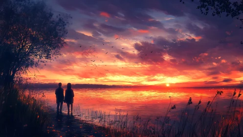 Children watch a blazing lakeside sunset in vivid silence.
