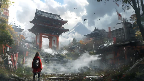 Red gate ruins before misty shrine and distant mountain.