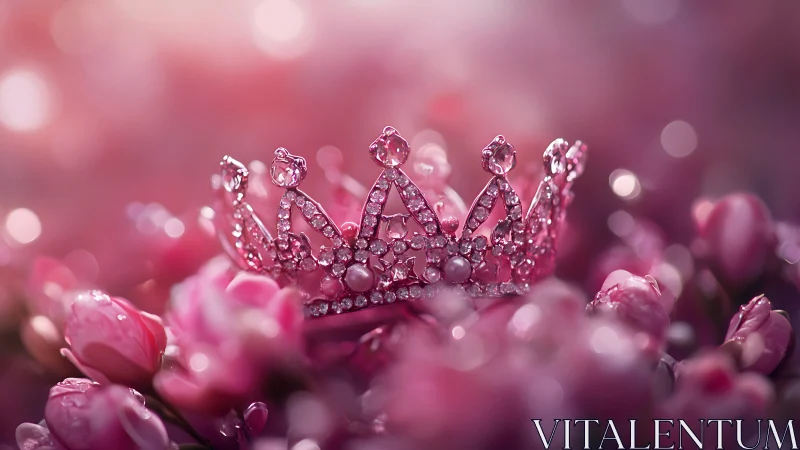 Photorealistic jeweled tiara nested in pink floral bokeh field.