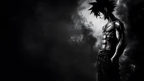 High-contrast anime warrior rendered with dramatic chiaroscuro shading