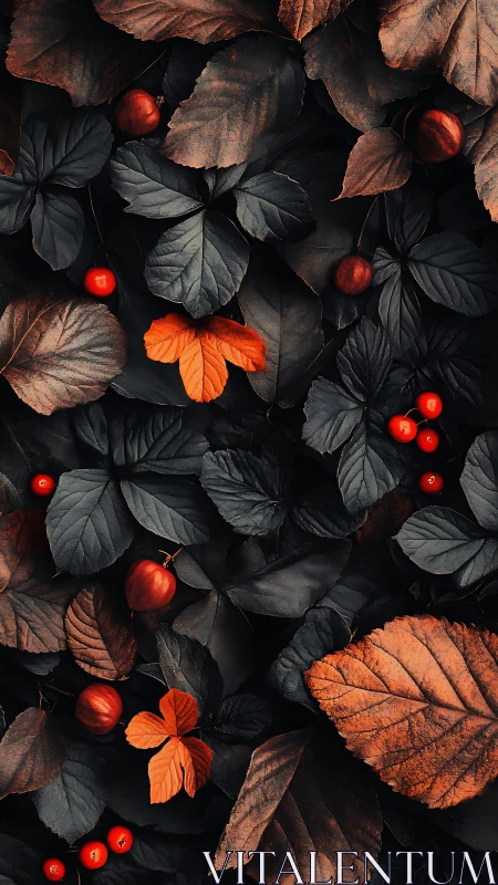Moody autumn leaves and berries in dusky forest hush.