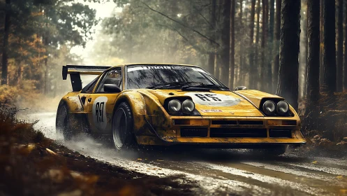 Rally-spec yellow race car powers through wet forest dirt track