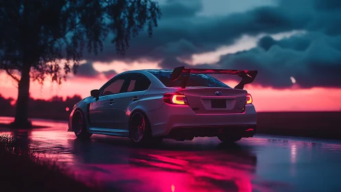 Aerodynamic tuner sedan glows against neon dusk horizon
