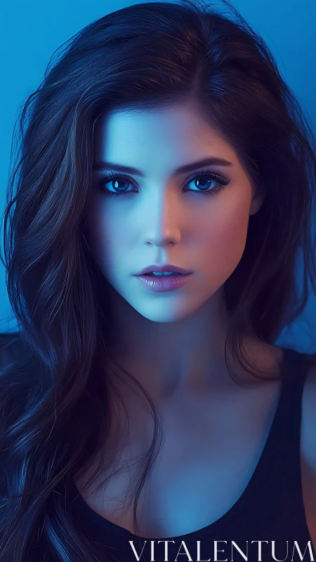 Iridescent portrait of young woman in cool blue light.