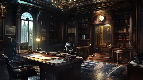 Dimly lit traditional office with wood paneling and bookshelves.