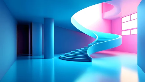 Futuristic spiral staircase in neon-lit modern minimalist interior.