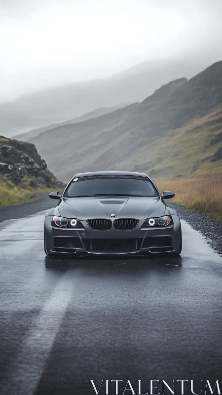 Matte black BMW coupe on wet mountain road in misty rain.