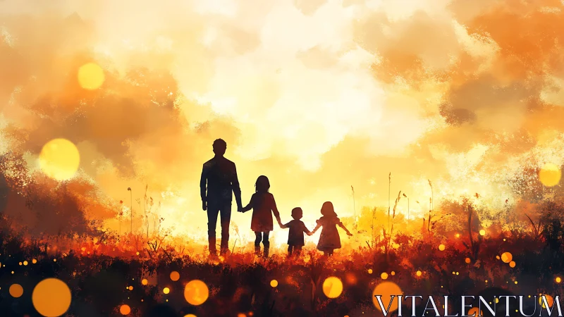 Family Walking Golden Sunset Field. Silhouettes Against Warm Light.