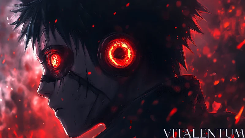 Cybernetic ember gaze in a storm of red digital cinders.