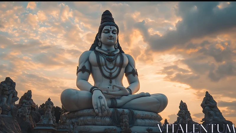 Serene Shiva statue resting beneath a glowing evening sky.