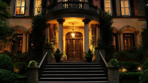 Neoclassical townhouse entrance under controlled warm luminance.