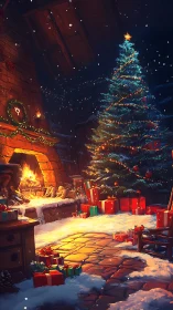 Cozy hearth and glowing Christmas tree in snowy cabin night.