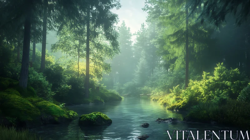 Atmospheric forest stream rendered with volumetric light diffusion through coniferous canopy