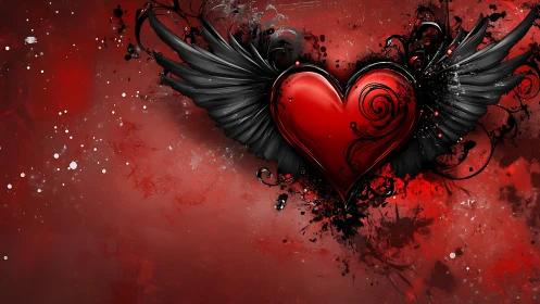 Winged Heart Digital Rendering Against Explosive Red Backdrop.