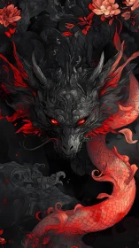 Volumetric red dragon emerges from swirling black smoke and petals