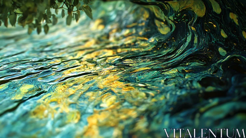 Liquid gold current swirls through teal abstract stream.