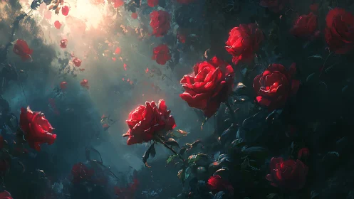 Red Roses Suspended in Ethereal Mist and Golden Light