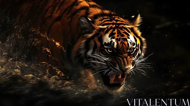 Dynamic low-key rendering of tiger sprinting through splashing water