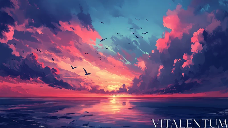 Sunset sky ignites mirrored ocean with vivid pink clouds.