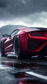 Red supercar waits in the rain, charged with quiet energy.