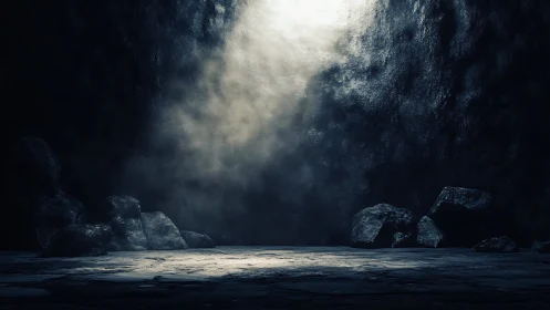 Light shaft pierces dark cavern floor with scattered rocks