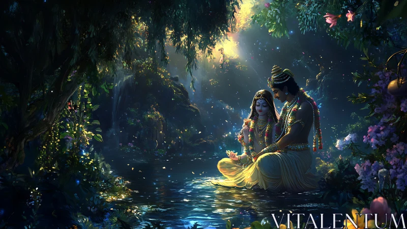 Divine couple illuminated beside mystical forest stream.