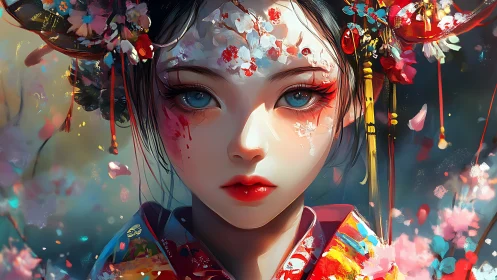 Radiant blossom maiden gazes softly through drifting petals