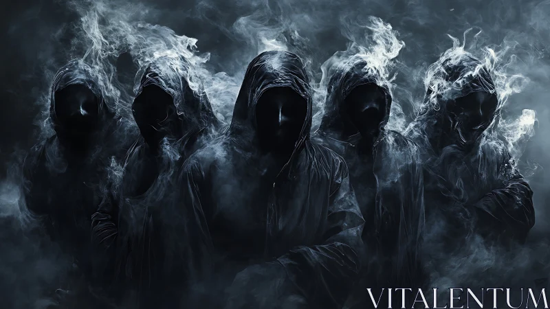 Hooded faceless figures emerging within dense swirling smoke.