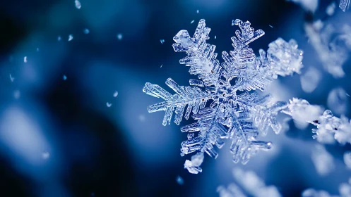 Dazzling close up snowflake drifts gently in deep blue air