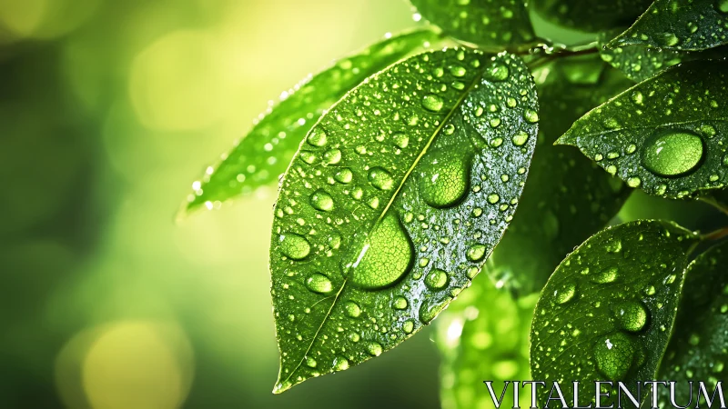 Green leaves show water droplets in sharp close-up detail
