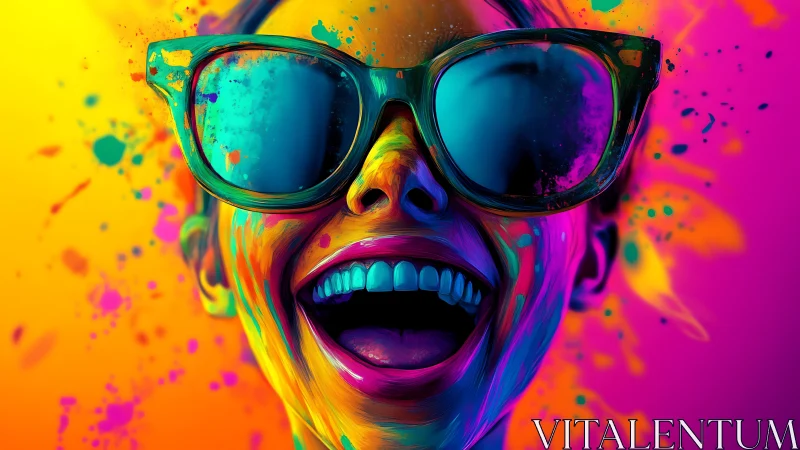 Vibrant close-up of laughing face in neon sunglasses.