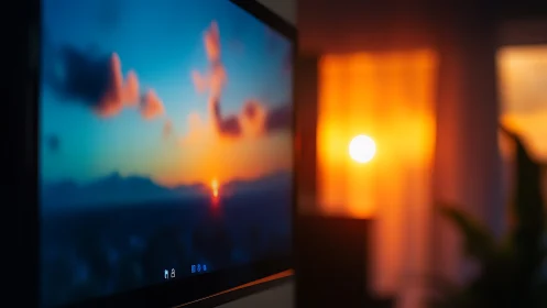Sunset display contrasts glowing window light indoors