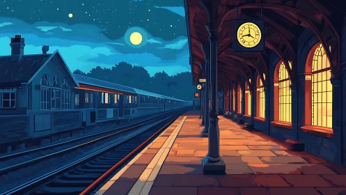 Nocturnal railway platform under warm-cool luminance contrast.