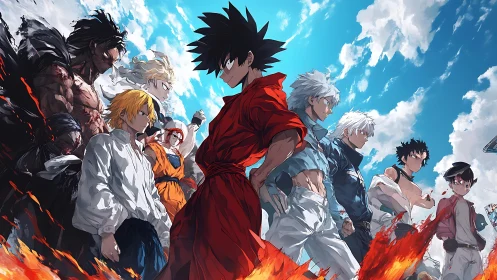 Dynamic shonen hero lineup in angular widescreen anime composition.