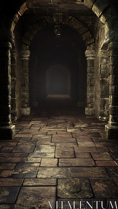Dim stone corridor with arched supports in deep shadow.