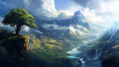 Lone cliffside tree above luminous fantasy valley vista.