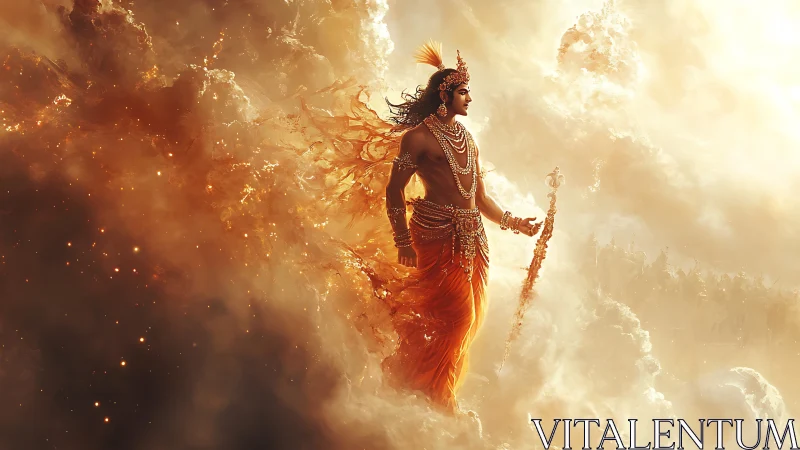 Mythic warrior ascends through radiant celestial clouds.