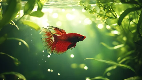 Scarlet betta fish glides through luminous aquatic foliage.